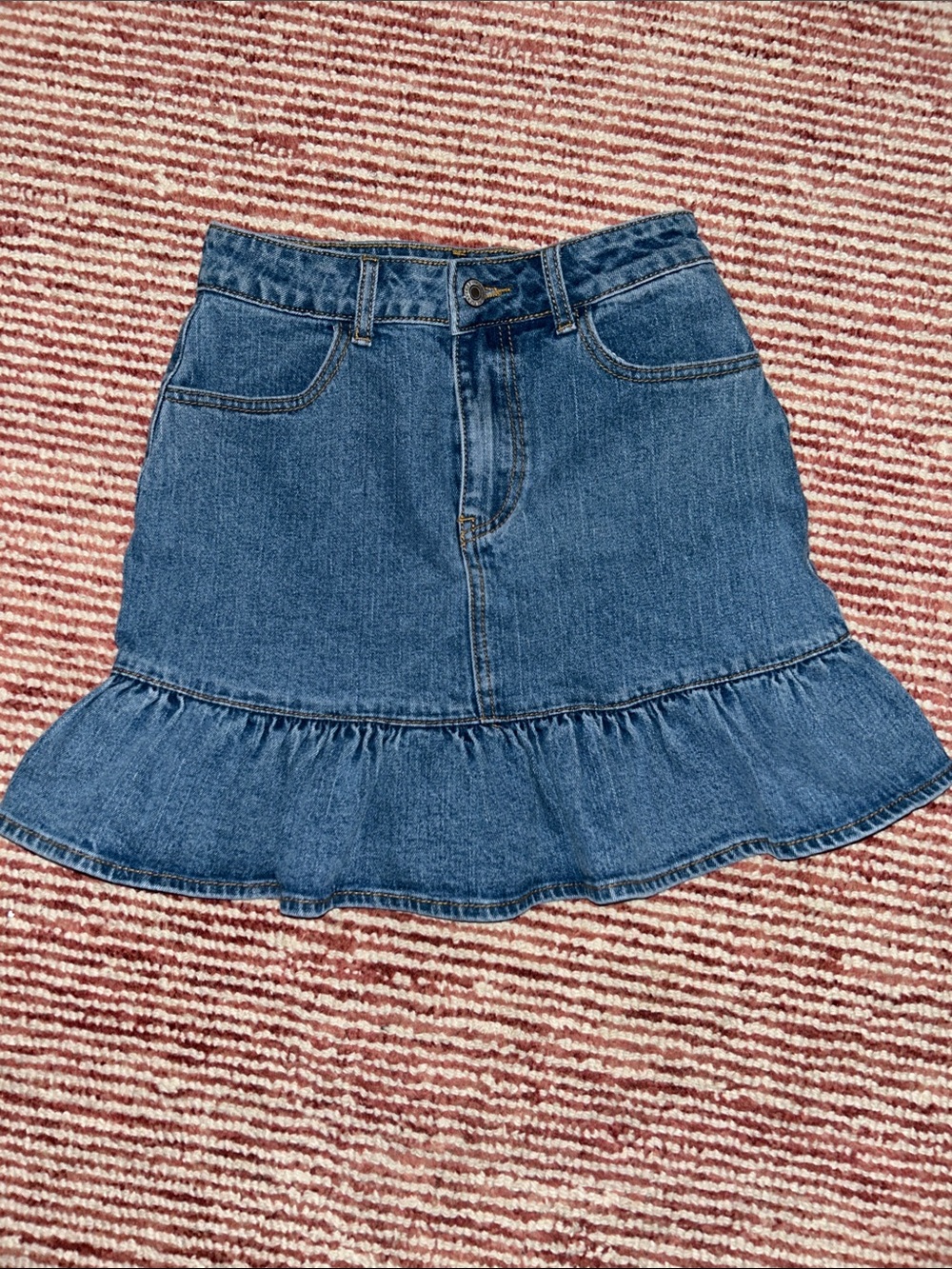 Denim Ruffle-Hem Skater Mini Skirt - Blue